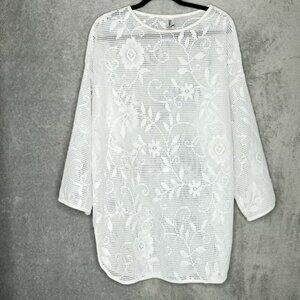 Slim Allure M Medium Top Shirt White Floral Round Neck Long Sleeve Crochet